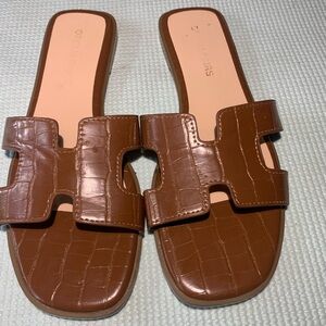 Brown Croc-Embossed Slide Sandals